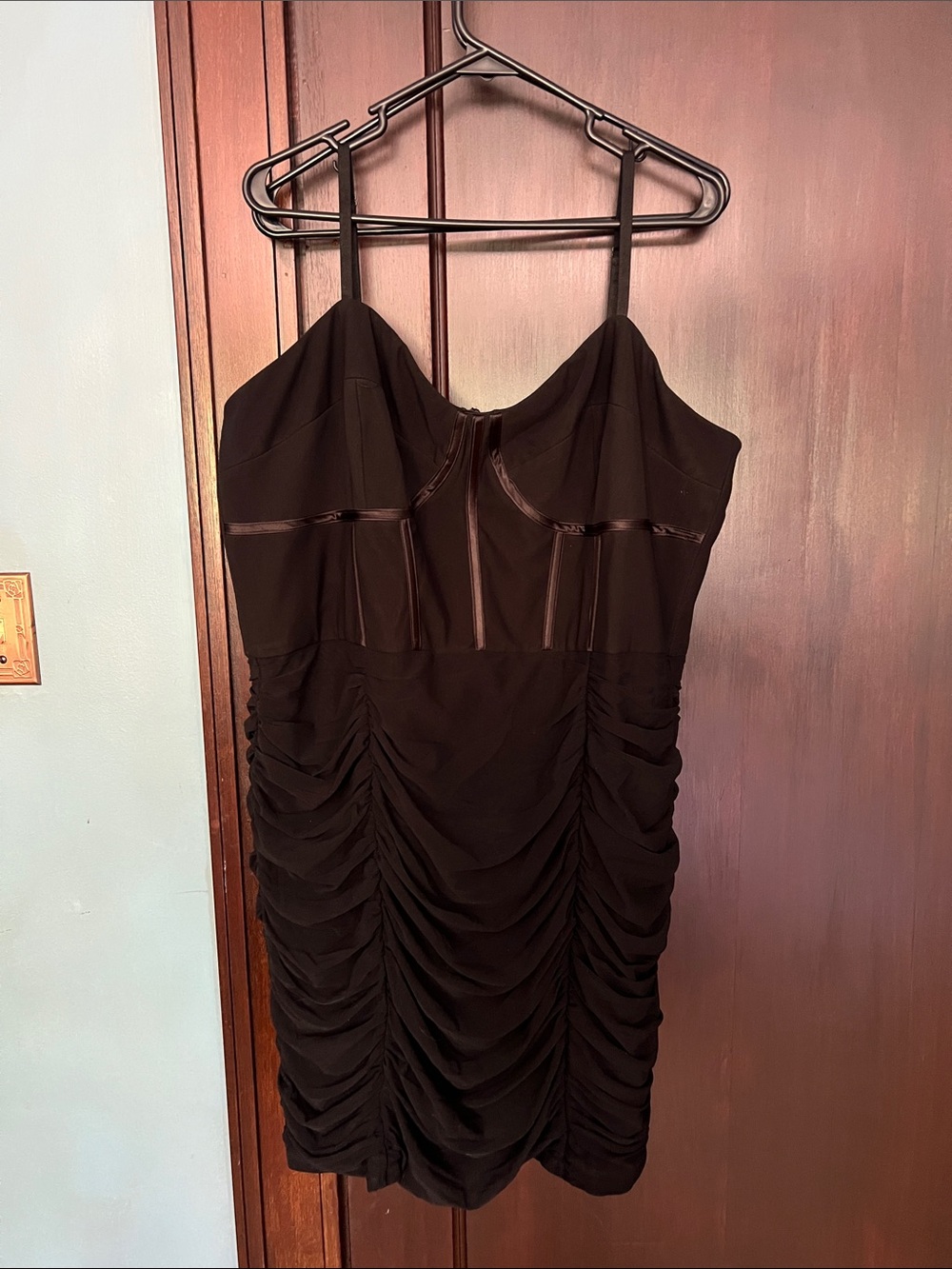 City Chic Black Ruched Mini Slip Dress with Slim Straps